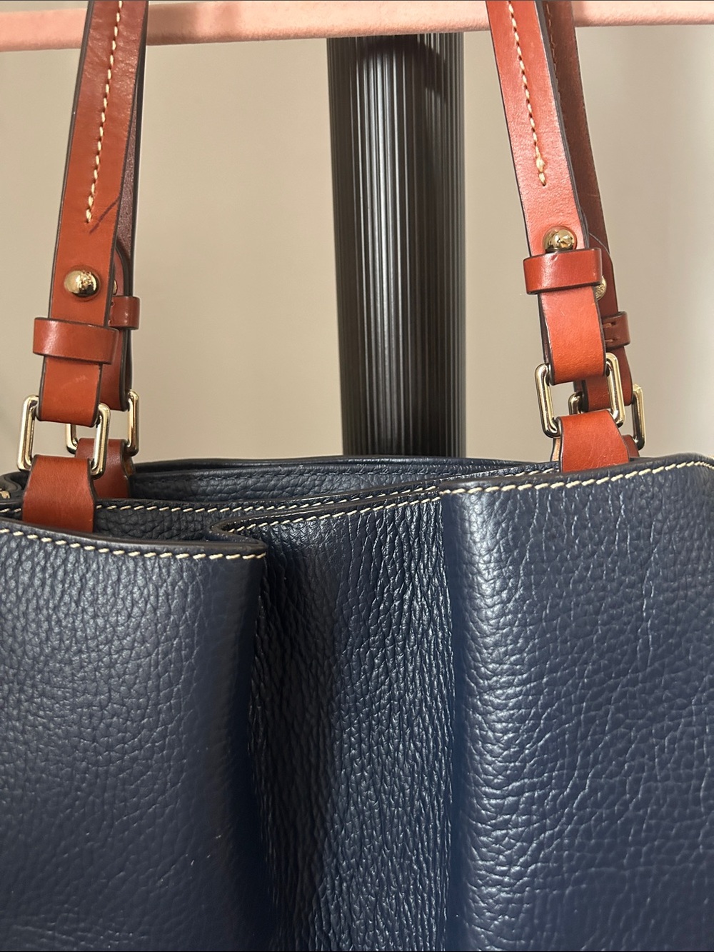 Dooney & Bourke Navy Leather Tote with Brown Handles - Picture 3 of 10